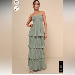 NWT LULUS Seriously Sensational Sage Brush Strapless Tiered Maxi Dress